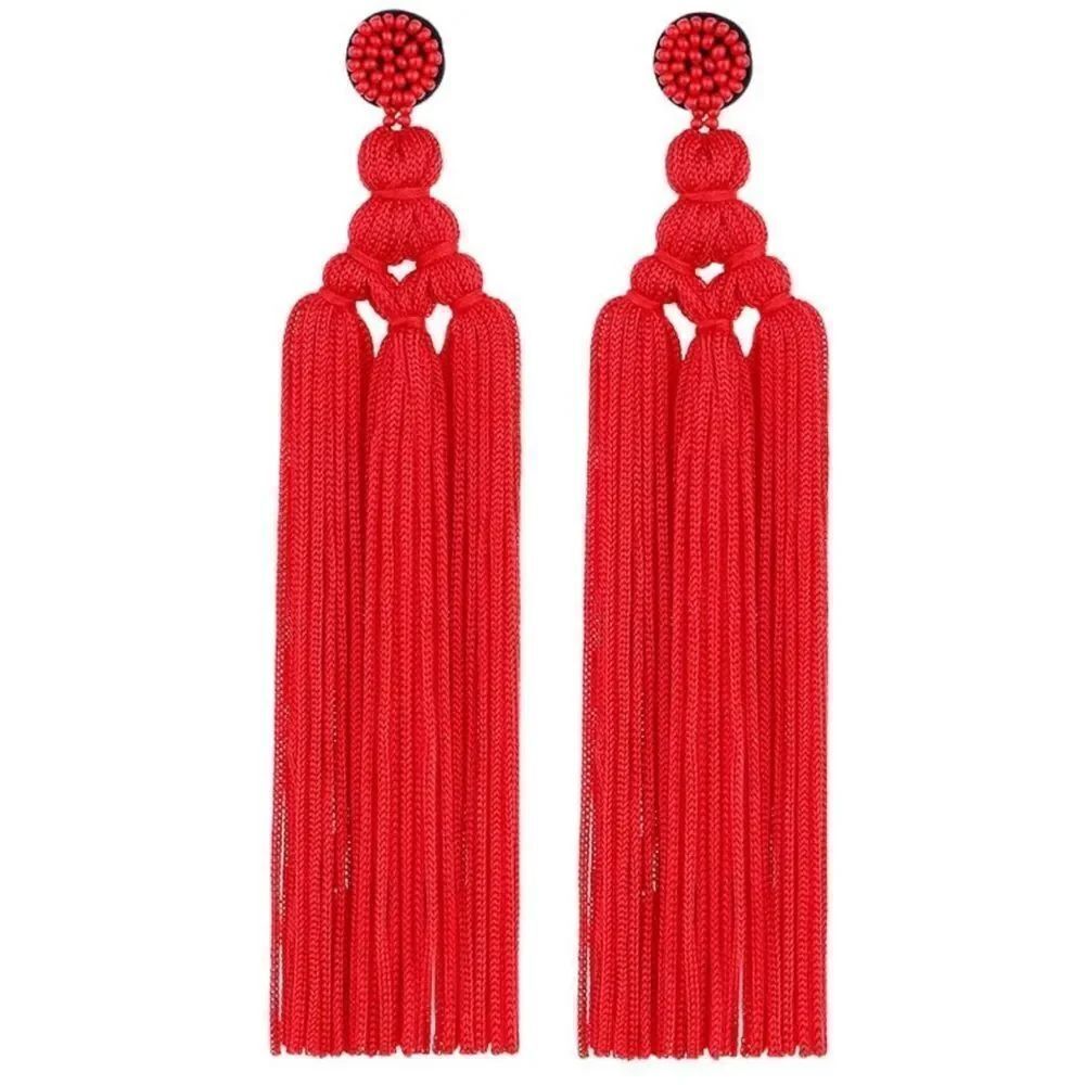Long Red Hand Woven Tassel Knot Fringe Boho Dangling Drop Post Back Earrings